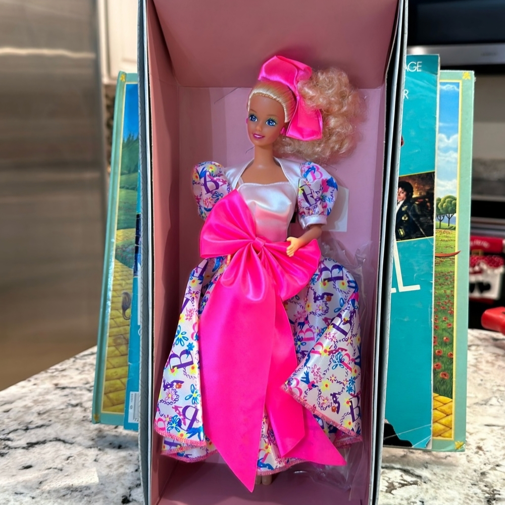 Vintage 1990 Collector Barbie Pink and Cream Floral Doll with Accessories
